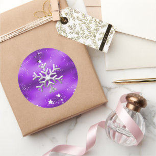 Adesivo Redondo Flocos de neve de prata e estrelas Natal roxo