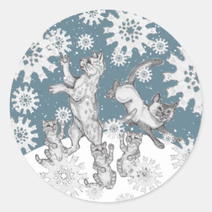 Adesivo Redondo Flocos de neve e gatos Flocos de neve Natal único