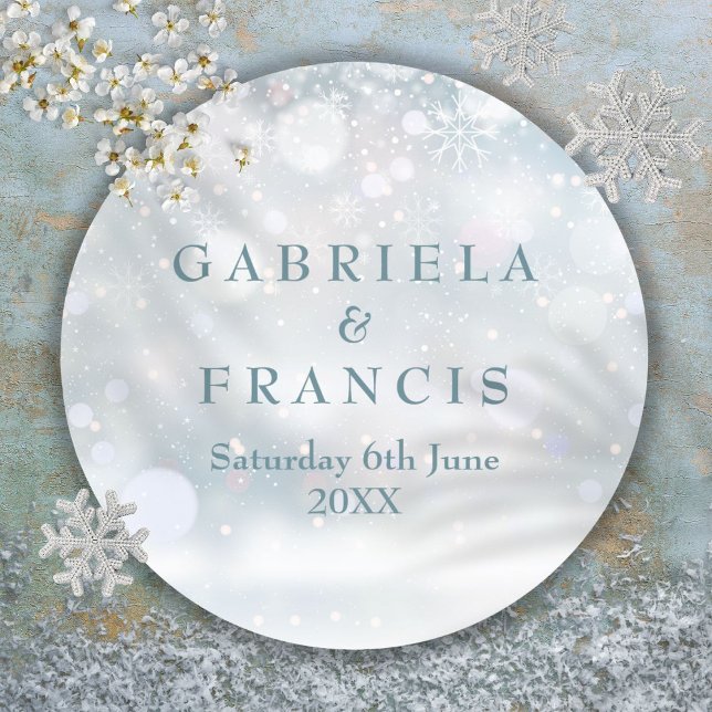 Adesivo Redondo Flocos de Neve Elegantes do casamento no inverno (Winter Wedding Elegant First Snowflakes Classic Round Sticker)