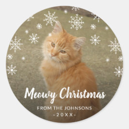Adesivo Redondo Flocos de neve Foto de gato Feliz Natal