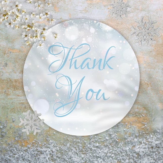 Adesivo Redondo Flocos de Neve Inverno Elegante Rótulo de Agradeci (Snowflakes Winter Elegant Script Thank You Classic Round Sticker)