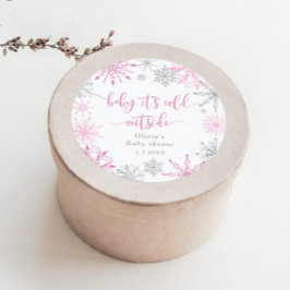 Adesivo Redondo Flocos de neve prateados cor-de-rosa bebê está fri