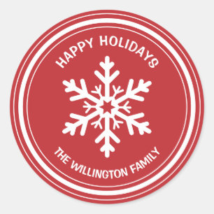 Adesivo Redondo Flocos de neve simples, vermelhos e brancos felize