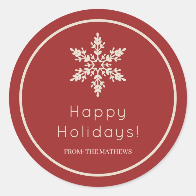 Adesivo Redondo Flocos de Neve Vermelho e Creme Feliz Natal Férias (Frente)
