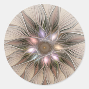 Adesivo Redondo Flor Abstrata Alegre Bege Marrom Fractal Floral