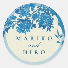 Adesivo Redondo Flor Azul-Cereja Antiquado Japonês