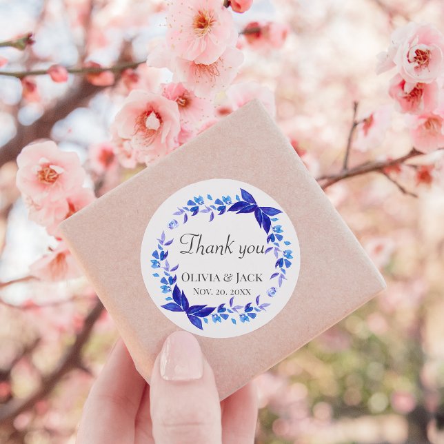 Adesivo Redondo Flor Azul Rua Agradece-Lhe O Favor Do Casamento (Blue flower wreath wedding thank you circle sticker)