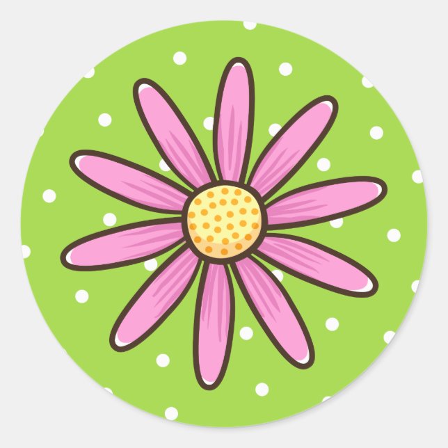 Adesivo Redondo Flor bonito rosa sobre fundo bolinhas verde (Frente)
