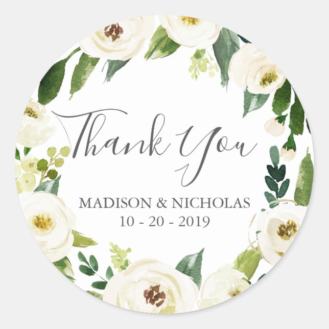Adesivo Redondo Flor Branca e Vinhetas de Casamento Verde Obrigado (Frente)