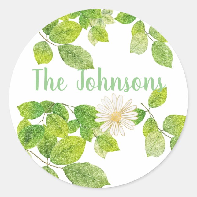 Adesivo Redondo Flor Branco e Jardim de Folhas Verde (Frente)