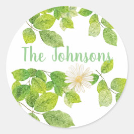 Adesivo Redondo Flor Branco e Jardim de Folhas Verde