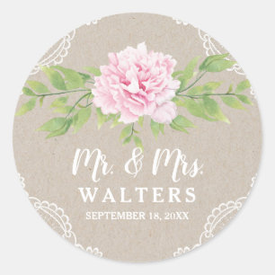 Adesivo Redondo Flor cor-de-rosa   da aguarela de Kraft do laço