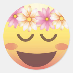 Adesivo Redondo Flor Coroa Feliz Calmo Emoji Face Sticker