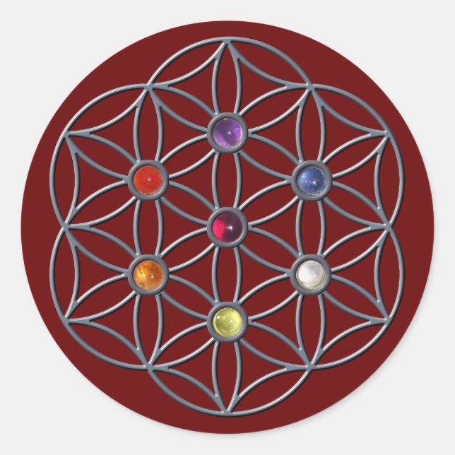 Adesivo Redondo Flor da Vida Chakras Gemstone (Frente)