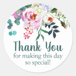 Adesivo Redondo Flor De Aquarela Obrigado Aniversário Favor Teal