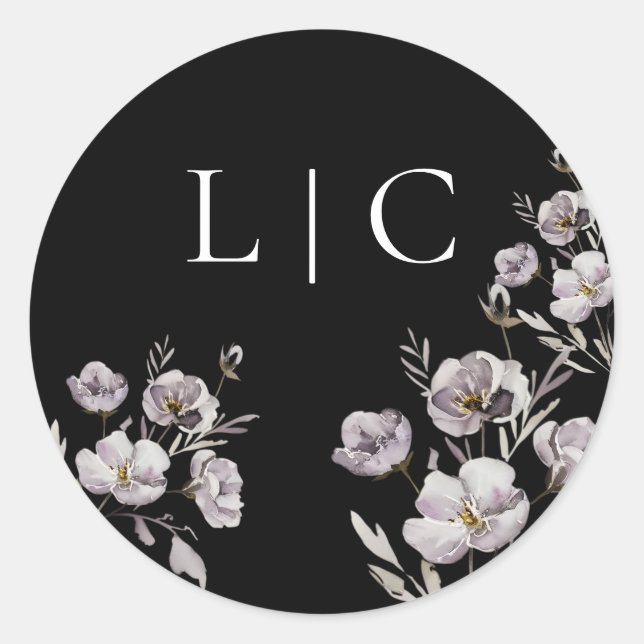 Adesivo Redondo Flor de aquarela preta do casamento elegante (Frente)