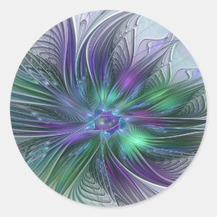 Adesivo Redondo Flor de Arte Abstrato Moderno Fractal Verde Roxo