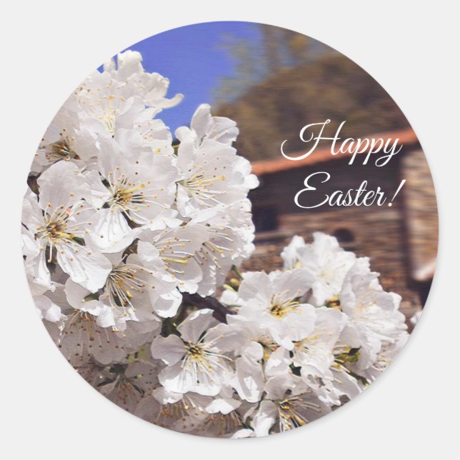 Adesivo Redondo Flor de cereja. Felz pascoa. (Frente)