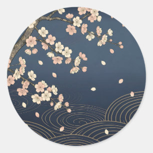 Adesivo Redondo Flor de Cerejeira Japonesa Padrão de Onda Dourada