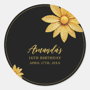 Adesivo Redondo Flor de Glitter Dourado Elegante Aniversário de 16