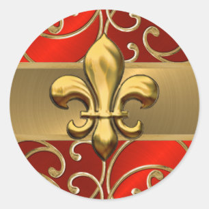 Adesivo Redondo Flor de lis filigrana vermelha e Dourado dos