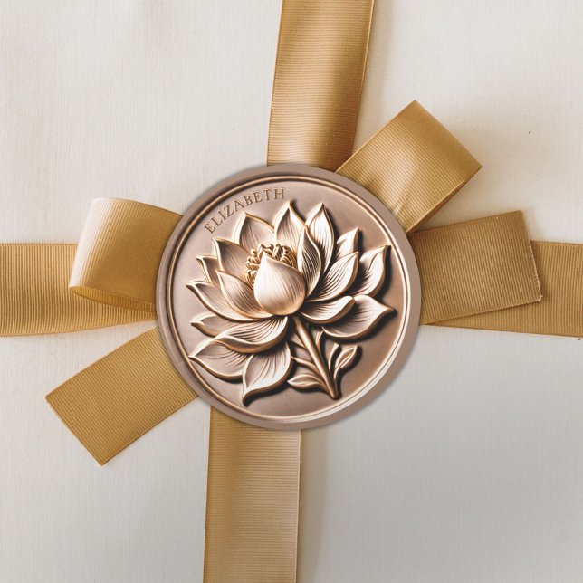 Adesivo Redondo Flor de Lotus Regal Dourado 3D Anterior (Antique Gold Regal Lotus Blossom Classic Round Sticker)