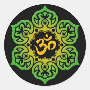 Adesivo Redondo Flor de Lotus verde e amarela OM no preto