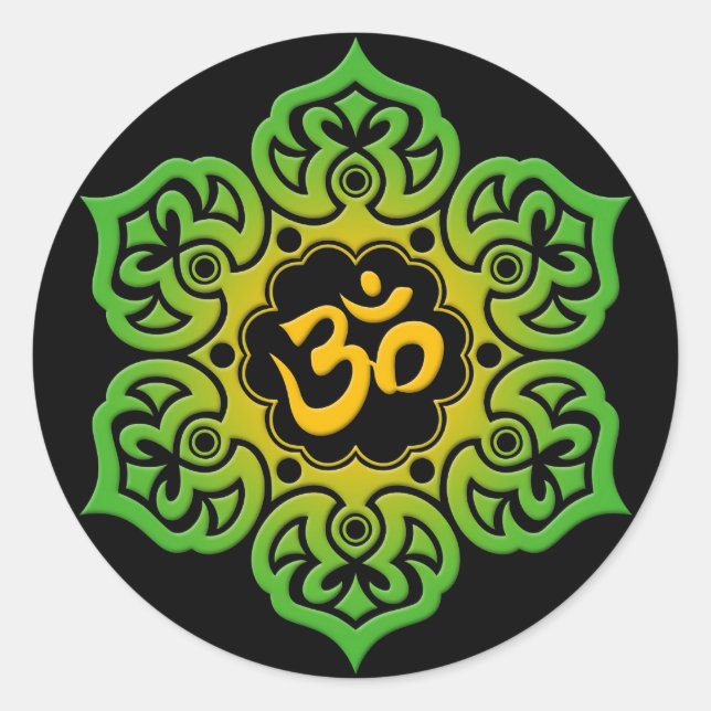 Adesivo Redondo Flor de Lotus Verde e Amarelo Om a Preto (Frente)