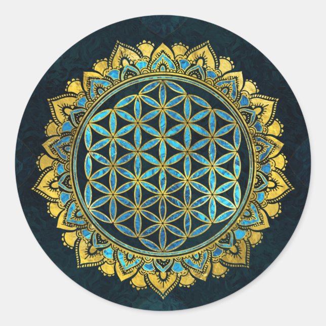 Adesivo Redondo Flor de ouro vivo e vidro de textura azul (Frente)