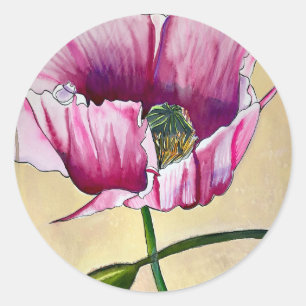 Adesivo Redondo Flor de papoila rosa com aquarelas