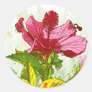 Adesivo Redondo Flor do hibiscus - pintura da aguarela