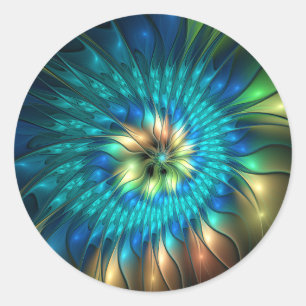 Adesivo Redondo Flor Fantasia Luminosa, Fractal Abstrato Colorido