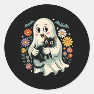 Adesivo Redondo Flor Fantasma Groovy Segurando Gato Preto Hallowee