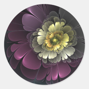 Adesivo Redondo Flor Fractal Abstrata Moderna Purpura Cinza Khaki