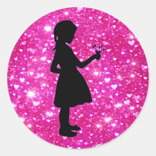 Adesivo Redondo Flor Garota Rosa Minúscula Corações Invertidas