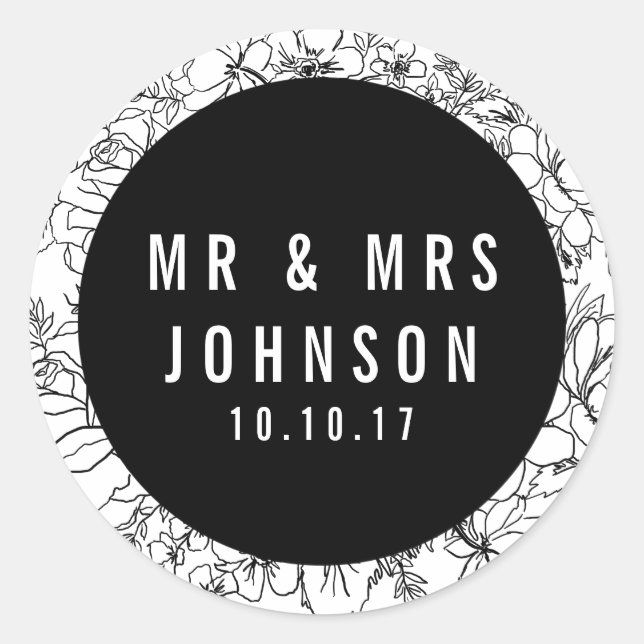 Adesivo Redondo Flor moderno preto e branco Sr. e Sra. Sticker (Frente)