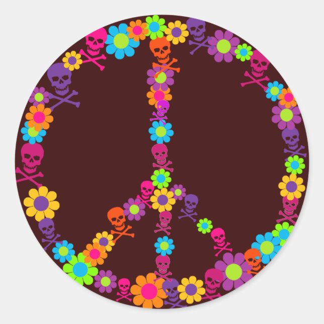 Adesivo Redondo Flor Power Skully Peace (Frente)