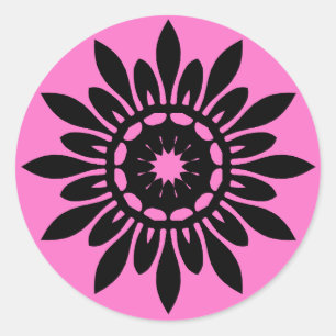 Adesivo Redondo Flor preta bonito da mandala no rosa