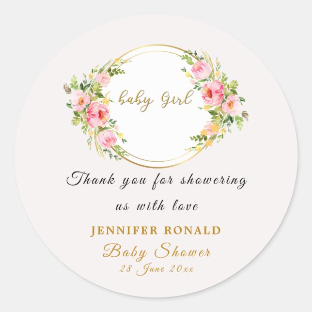 Adesivo Redondo Flor rosa e Dourada chá de fraldas (Frente)