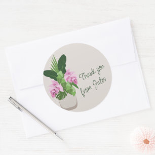 Adesivo Redondo Flor rosa Tropical Medinilla em bege Obrigado