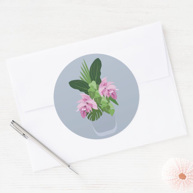 Adesivo Redondo Flor rosa Tropical Medinilla Rosa em Vaso Azul (Envelope)