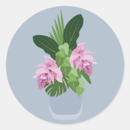 Adesivo Redondo Flor rosa Tropical Medinilla Rosa em Vaso Azul