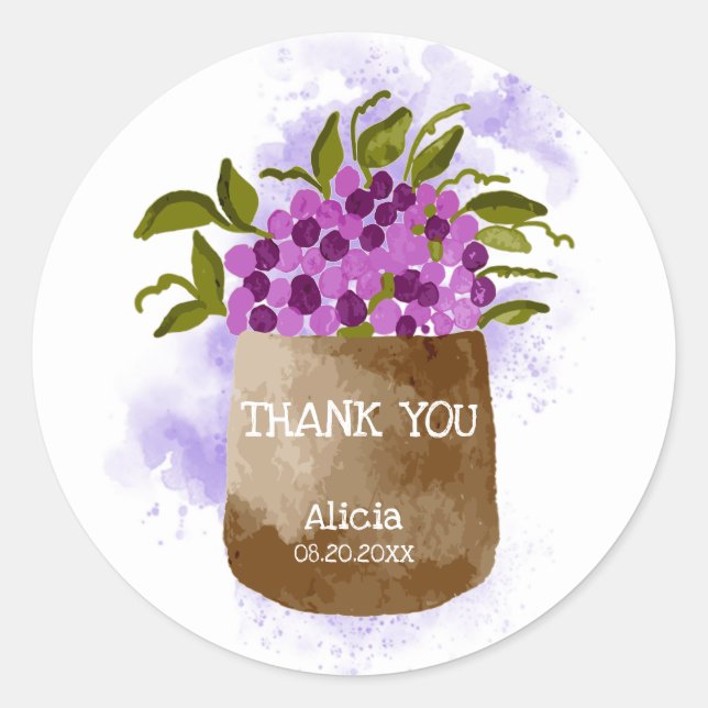 Adesivo Redondo Flor Roxo Na Aquarela Do Pote Obrigado (Frente)