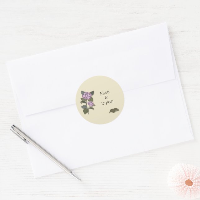 Adesivo Redondo Flor Roxo Simplificado com Folhas Verdes (Envelope)