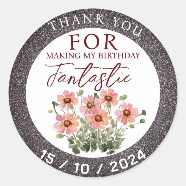 Adesivo Redondo Flor selvagem de aniversário (Frente)