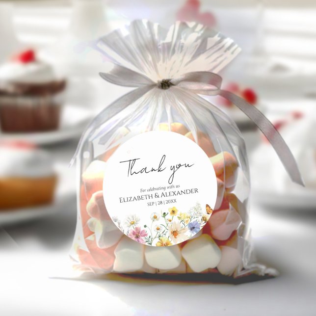 Adesivo Redondo Flor selvagem | obrigado Boho Casamento Vinheta (Criador carregado)