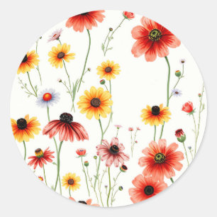 Adesivo Redondo Flor Selvagem Romântica com Poppies e Daisias