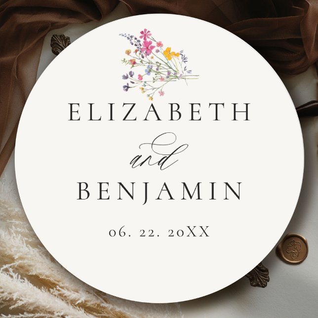 Adesivo Redondo Flor Silvestre Grace Moderno Floral Casamento Româ (wildflower wedding theme sticker romantic colorful watercolor pastel floral timeless classic)