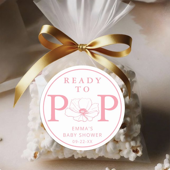 Adesivo Redondo Flor Silvestre Rosa Empoeirada Pronta para Explodi (Ready To Pop - Pink Baby Shower Sticker)