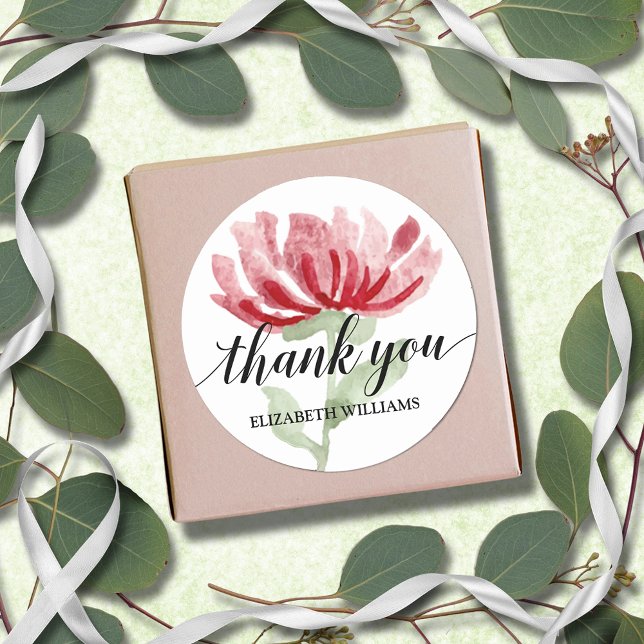 Adesivo Redondo Flor Vermelho Chic Obrigado (Chic Red Flower Thank You 3" Round Stickers)
